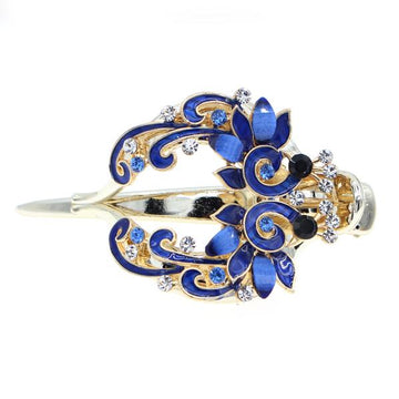 Blue Enamel Hinged Hair Clip Claw Barrette w/ Rhinestones Two Peacocks